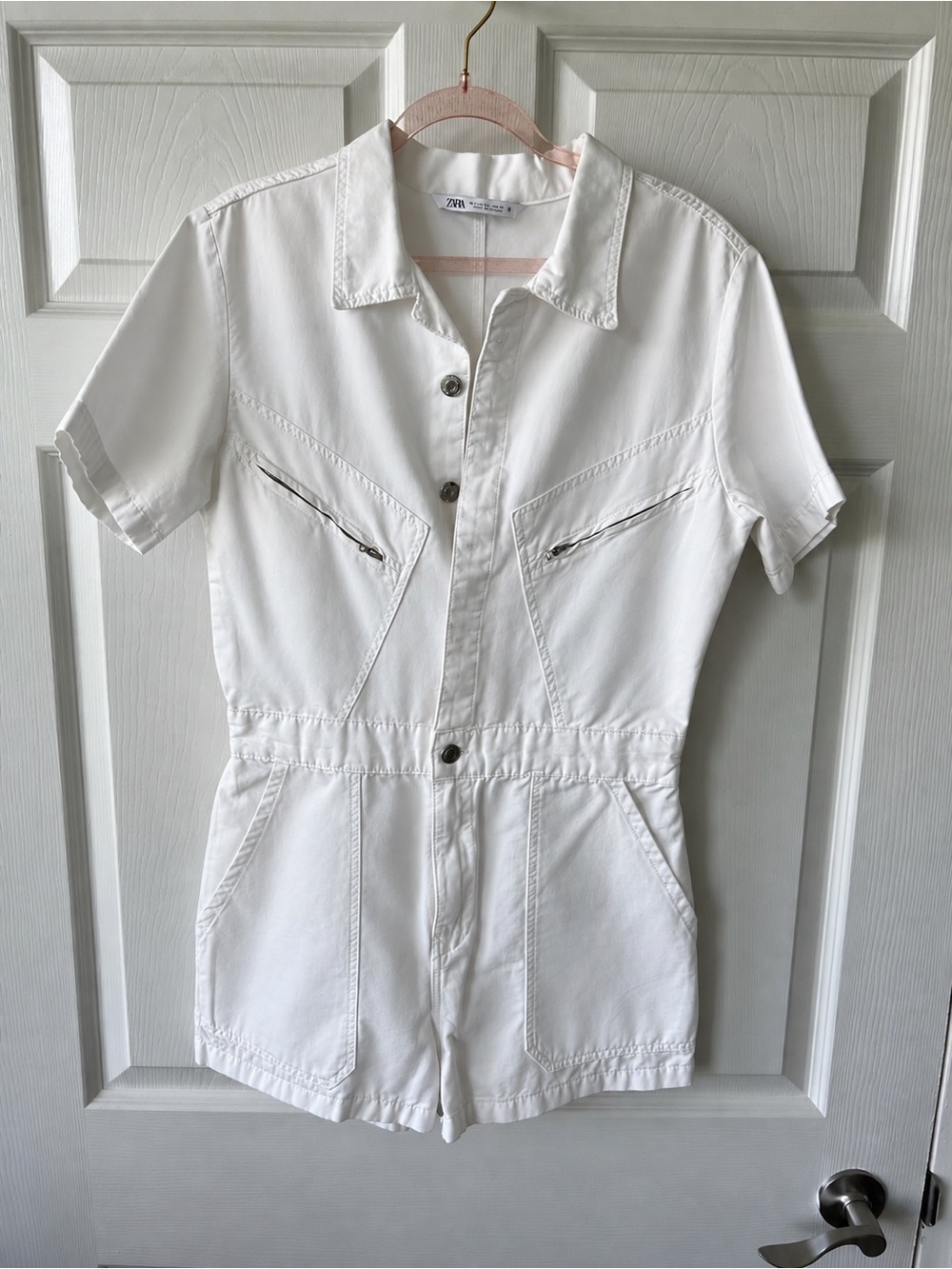 Zara White Short-Sleeve Button Front Utility Romper